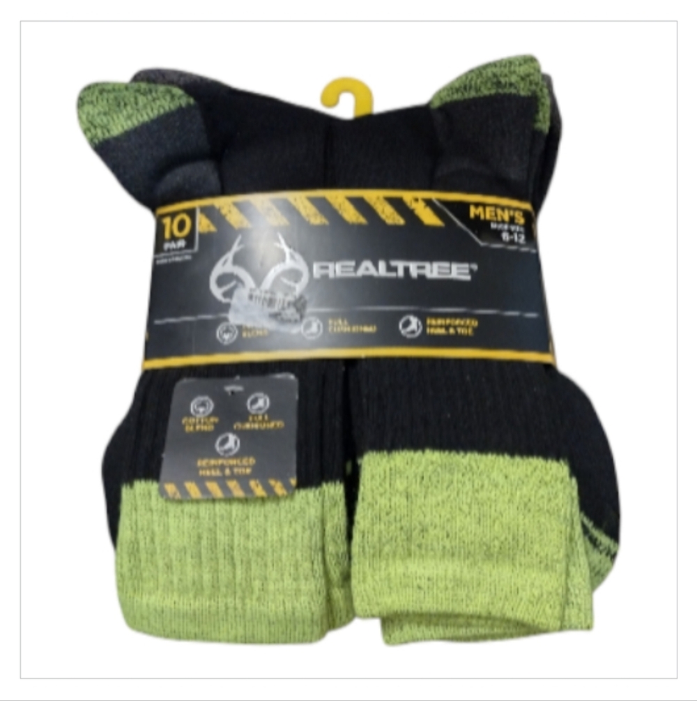 Realtree Men's Athletic Socks in Black & Neon Green Sz 6-12 Pack of 10